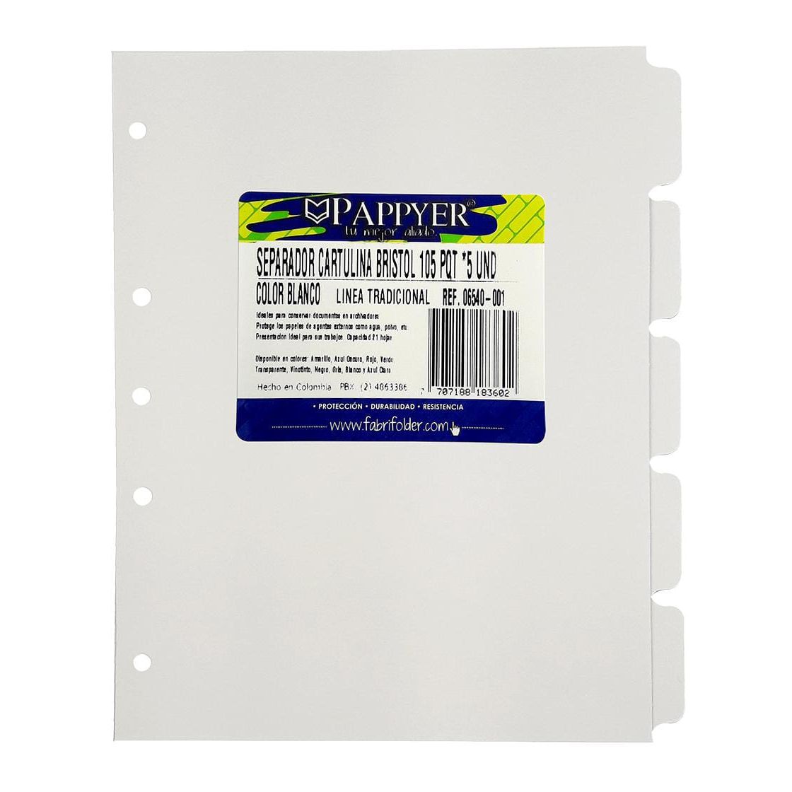 Guia Clasificadora (separador) 105 / CARTA  Blanca Cartulina Paq.x5u.