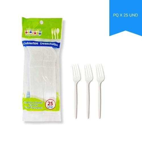 Tenedor Plastico Desechable Blanco Grande Domingo Paq.x25u