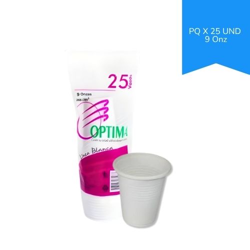 Vaso Plastico Desechable Blanco 9 Oz Optima Paq.x25u.