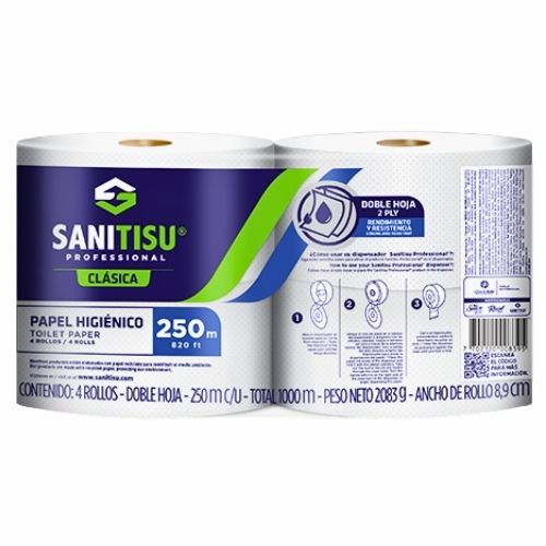 Papel Higienico Sanitisu Jumbo Blanco 4x250m Doble Hoja