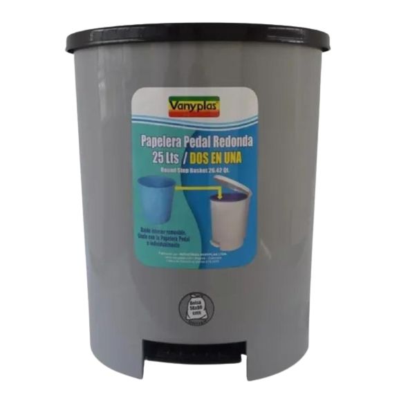 papelera pedal redonda 25 litros gris con tapa negra vanypla
