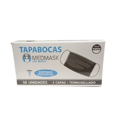 Tapabocas Termosellado Negro Empaque Individual Caja X 50u.