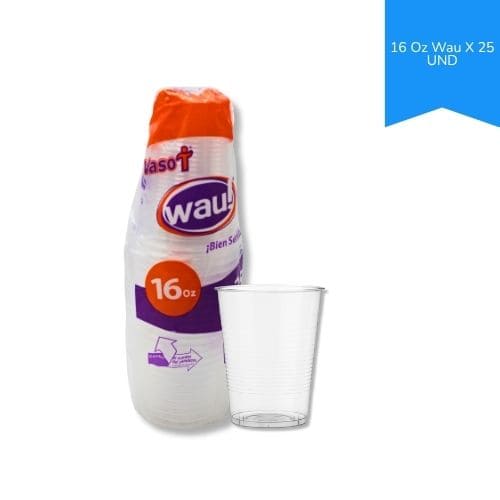 Vaso Plastico Desechable Transparente 16 Oz Wau Paq.x25u.