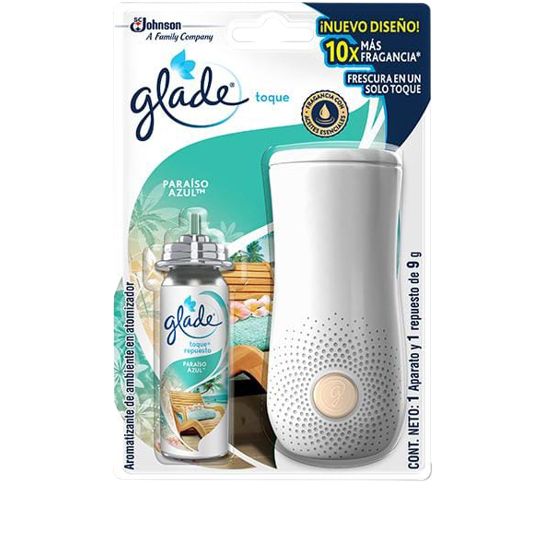 Ambientador Glade Aparato Toque+Repuesto Paraiso Azul 9g.