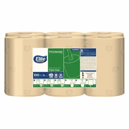 Toalla Manos Elite Center Flow Natural x 6 Rollos 100mts H.Triple 340629