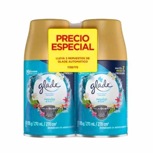 Ambientador Glade Auto. Paraiso Azul Rto. 270ml x2u.