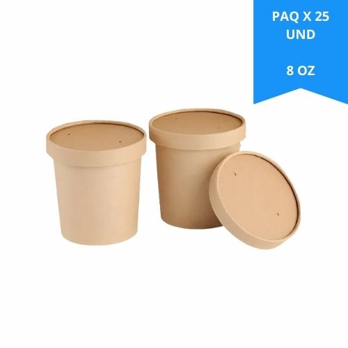 Contenedor Ecologico Kraft 8 Oz Con Tapa X 25 Unds.
