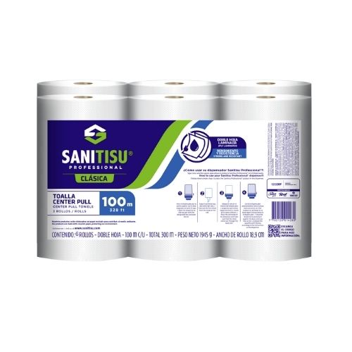 Toalla de Manos Center Pull Blanca 100mts Paq.x6  Doble Hoja Sanitisu Ref: 530220302