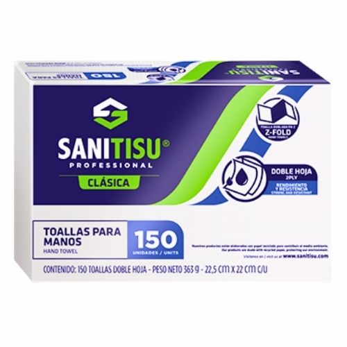 Toalla De Manos Sanitisu En Z Doble H Blanca Paq.x150 Toallas
